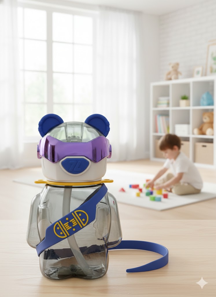 Cool Robot Bear Sipper Bottle With Straw – Leak-Proof Bpa-Free Water Bottle For Kids (Blue)