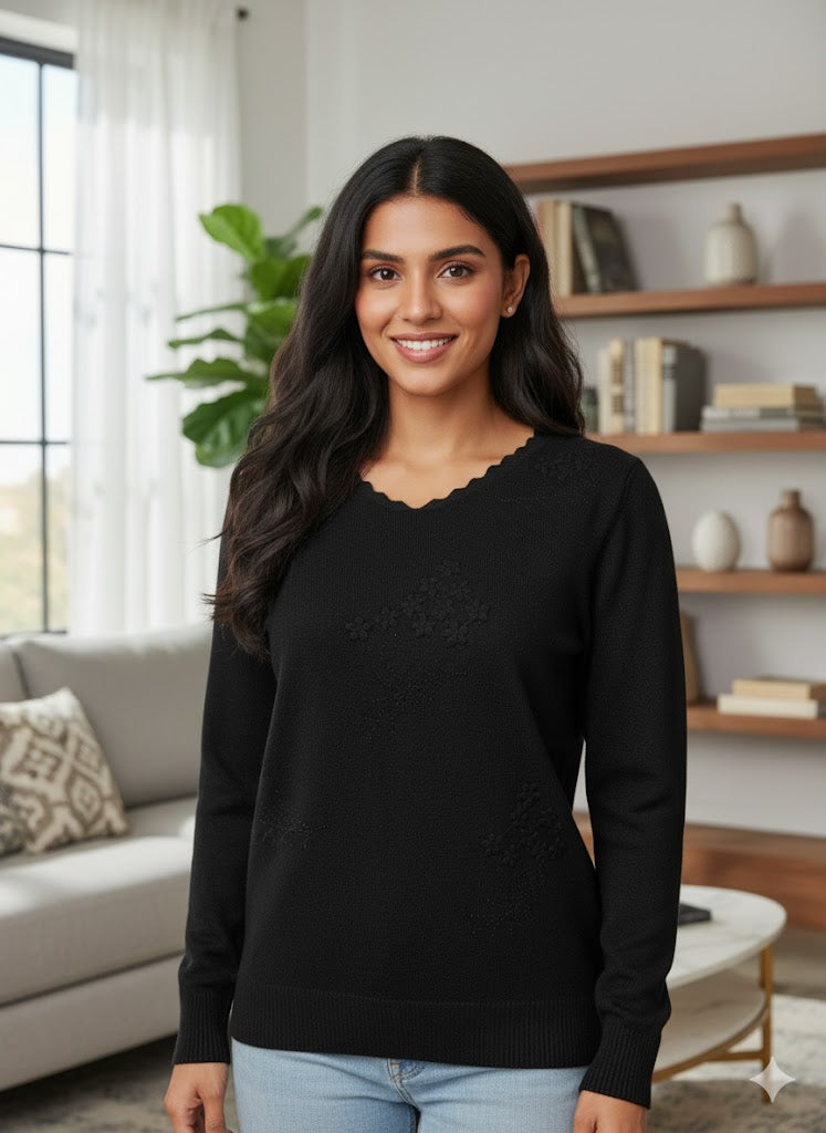 Black Scallop Neck Floral Embellished Sweater