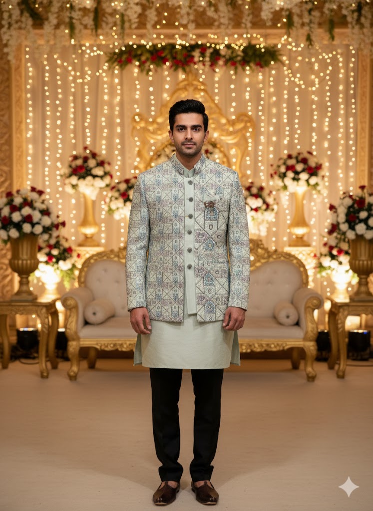 Mint Green Geometric Bandhgala 3-Piece Set Indo-Western Set for Men