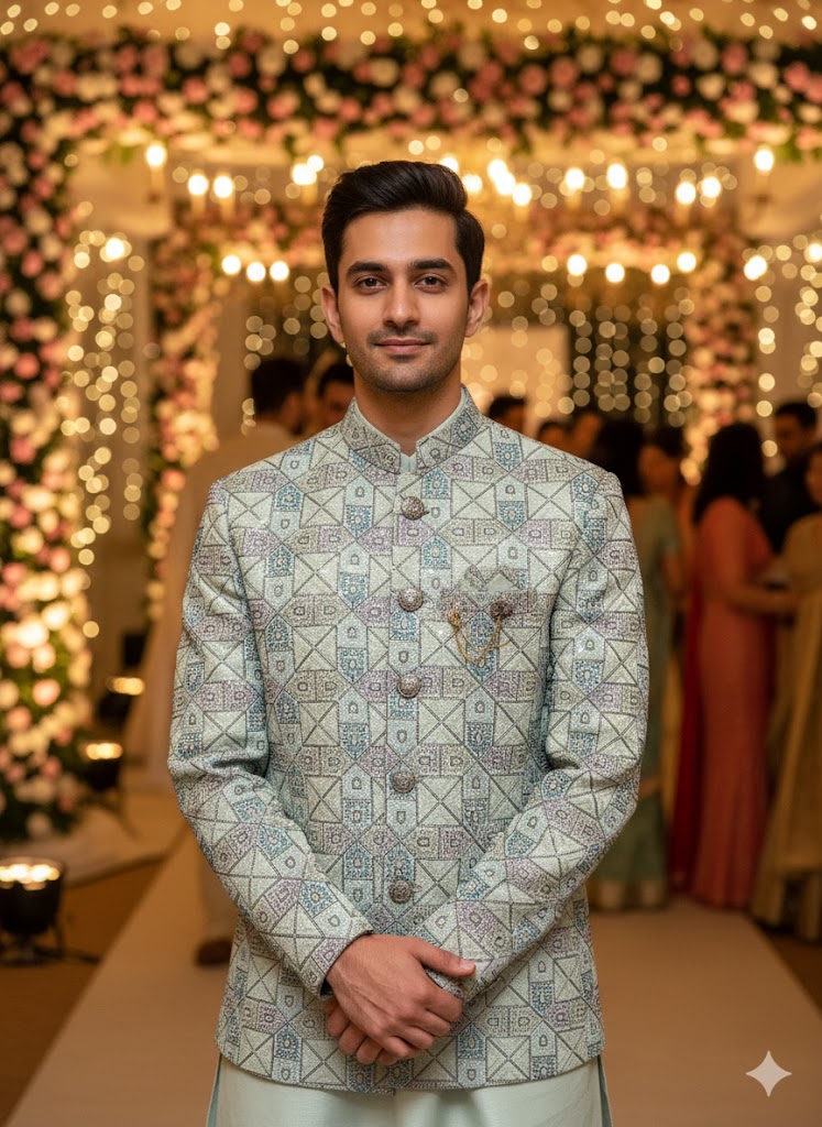 Mint Green Geometric Bandhgala 3-Piece Set Indo-Western Set for Men