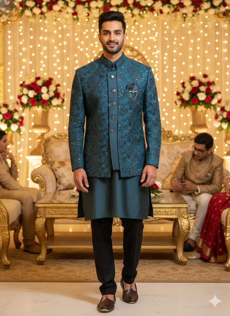 Peacock Blue Sequined Jodhpuri Set with Swirl Motif Luxury 3-Piece Teal Blue Indo-Western Set for Men