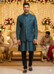 Peacock Blue Sequined Jodhpuri Set with Swirl Motif Luxury 3-Piece Teal Blue Indo-Western Set for Men