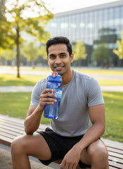 Blue Sports Water Bottle With Flip Cap & Straw (800Ml)