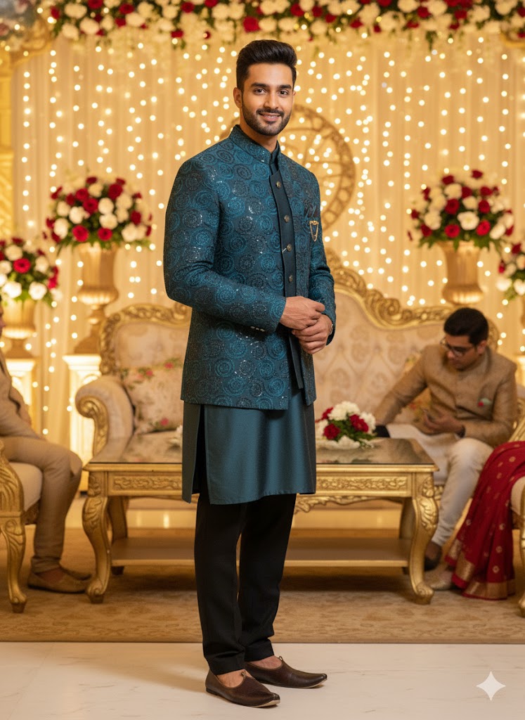 Peacock Blue Sequined Jodhpuri Set with Swirl Motif Luxury 3-Piece Teal Blue Indo-Western Set for Men