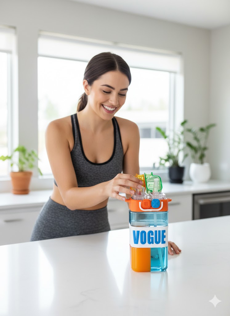 Vogue Dual Lid Square Water Bottle With Straw & Carry Strap – 750Ml