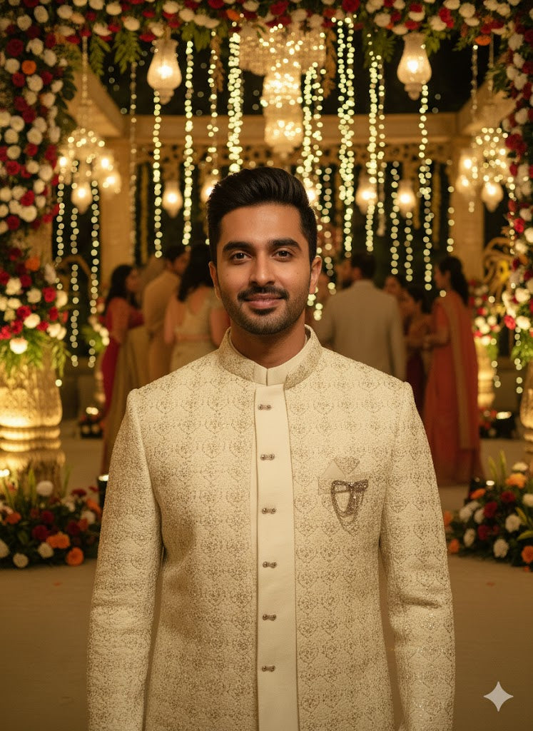 Elegant Ivory Embroidered Indo-Western Sherwani