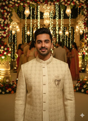 Elegant Ivory Embroidered Indo-Western Sherwani