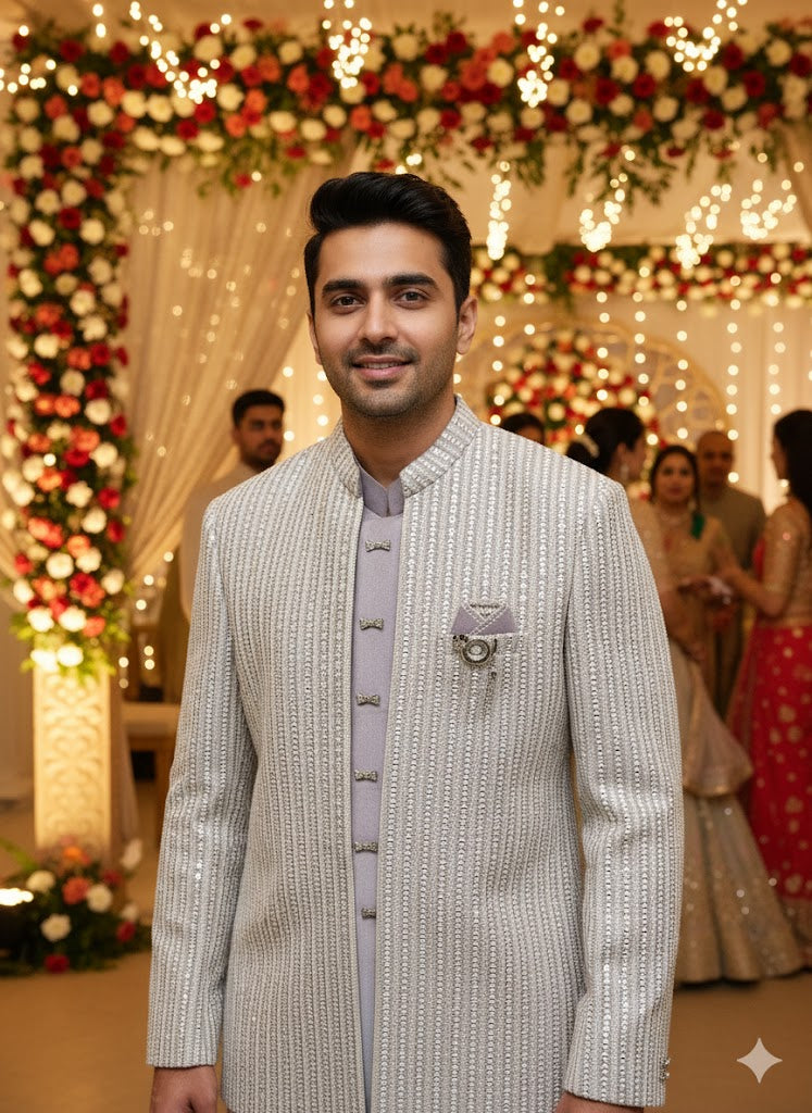 ? Elegant Ivory & Lavender Embroidered 3-Piece Sherwani Set  Perfect for Weddings & Festive Occasions ?