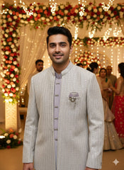 ? Elegant Ivory & Lavender Embroidered 3-Piece Sherwani Set  Perfect for Weddings & Festive Occasions ?