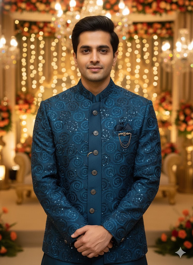 Peacock Blue Sequined Jodhpuri Set with Swirl Motif Luxury 3-Piece Teal Blue Indo-Western Set for Men