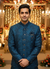 Peacock Blue Sequined Jodhpuri Set with Swirl Motif Luxury 3-Piece Teal Blue Indo-Western Set for Men