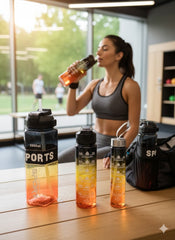 Gradient Orange-Black Sports Water Bottle Set – 600Ml, 1000Ml & 2000Ml Bpa-Free Bottles With Time Markings & Straw Lid