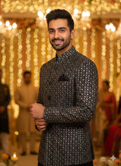 Classic 3-Piece Black & Blue Textured Indo-Western Set for Men