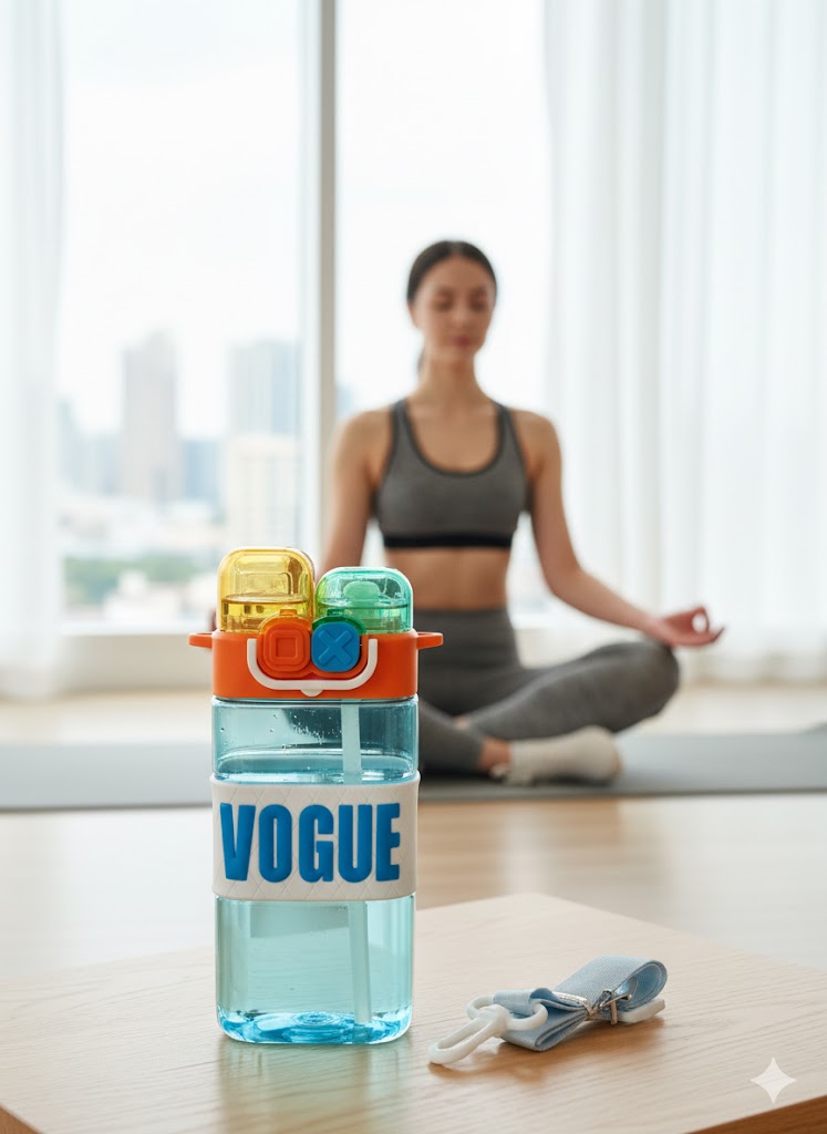Vogue Dual Lid Square Water Bottle With Straw & Carry Strap – 750Ml