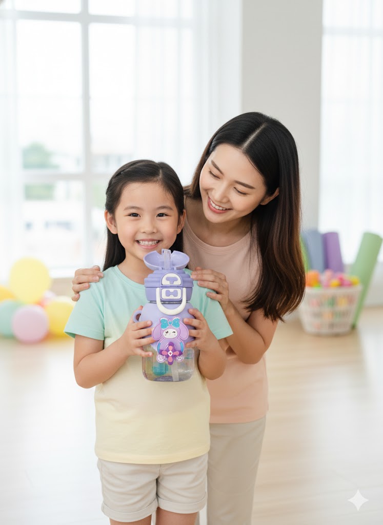 Cute Purple Sipper Bottle With Straw & Adjustable Strap – Kids Leak-Proof Water Bottle