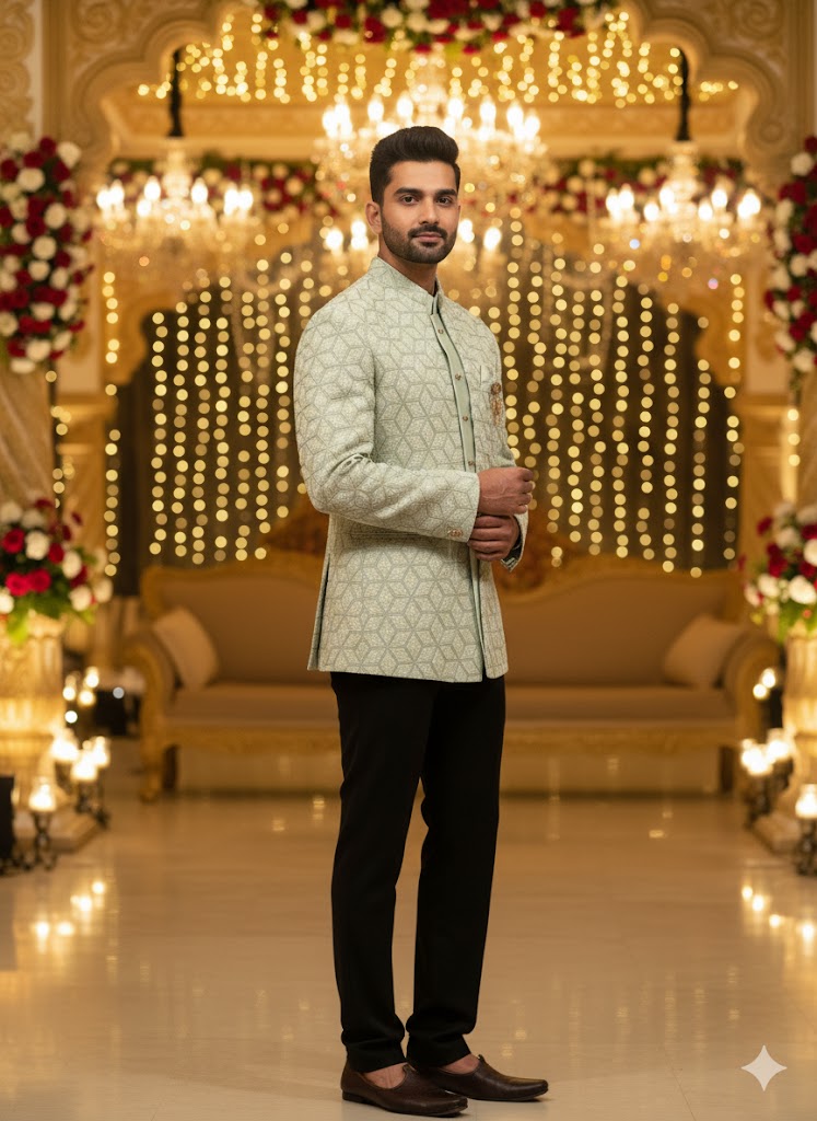 Pistachio Geometric Jodhpuri Set with Gold Accents