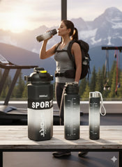 Black & White Gradient Sports Water Bottle Set – 600Ml, 1000Ml & 2000Ml Bpa-Free Motivational Bottles With Straw & Time Markings