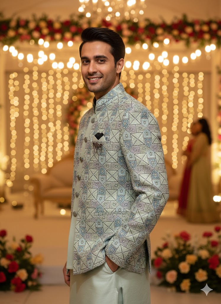 Mint Green Geometric Bandhgala 3-Piece Set Indo-Western Set for Men