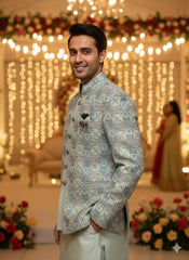 Mint Green Geometric Bandhgala 3-Piece Set Indo-Western Set for Men