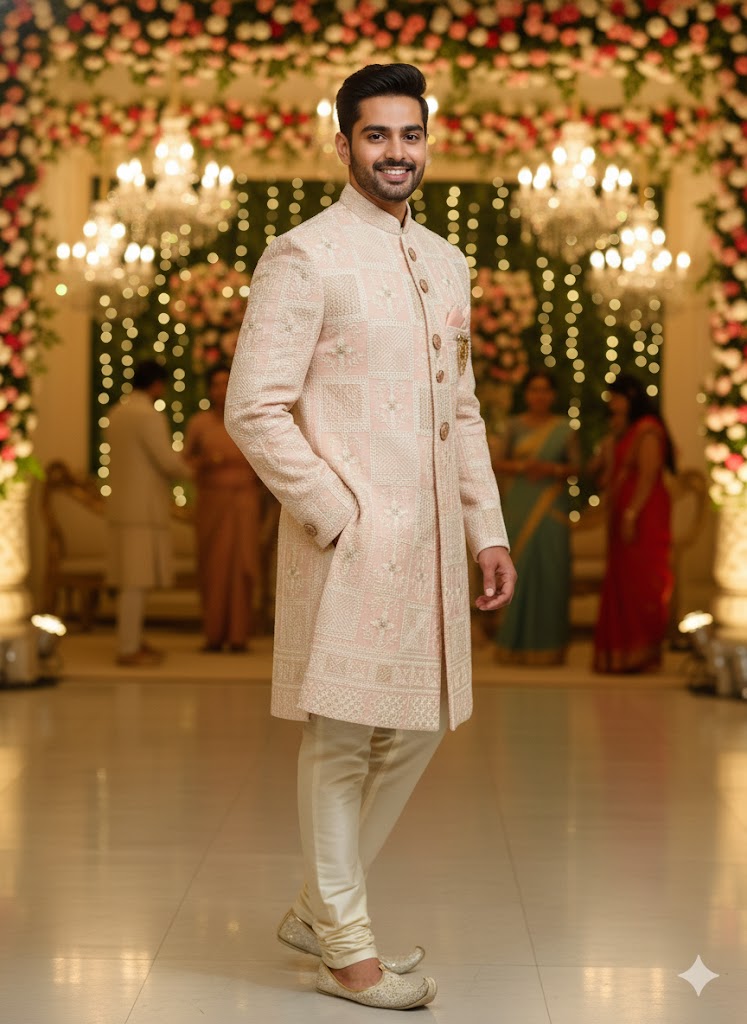 Dusky Rose Sherwani with Geometric & Floral Zari Work: Modern Opulence