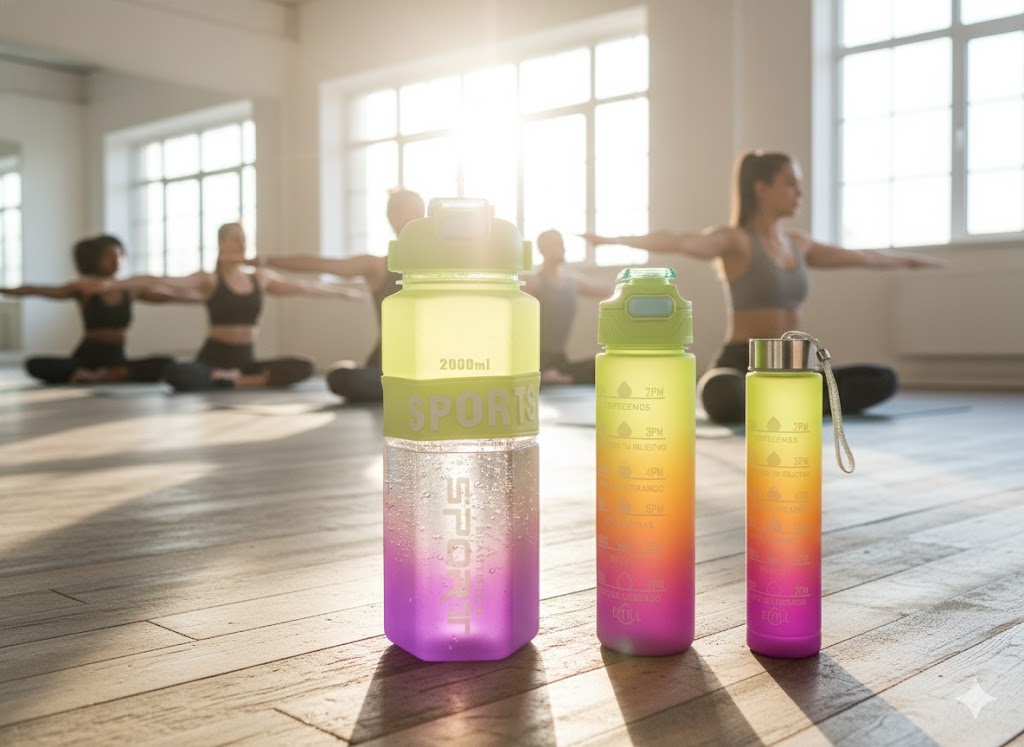 Gradient Green-Orange-Purple Sports Water Bottle Set – 600Ml, 1000Ml & 2000Ml Bpa-Free Motivational Bottles With Straw & Time Markings
