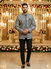 BLUE STAGE MENS COAT SUIT JODHPURI 3PCS SET 25228 GREY