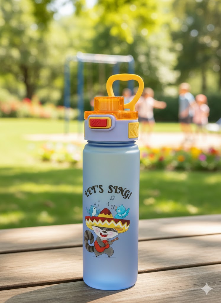 Kids Cartoon Printed Water Bottle With Flip Lock Lid & Handle – Leak-Proof Bpa-Free (Blue-Orange)