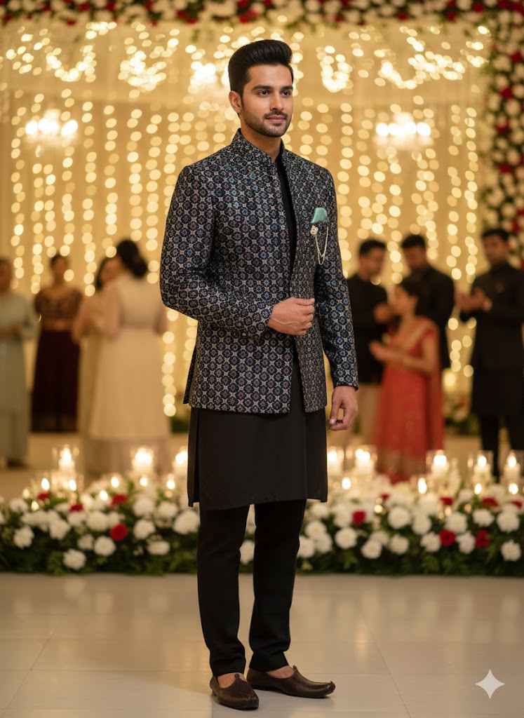 Classic 3-Piece Black & Blue Textured Indo-Western Set for Men