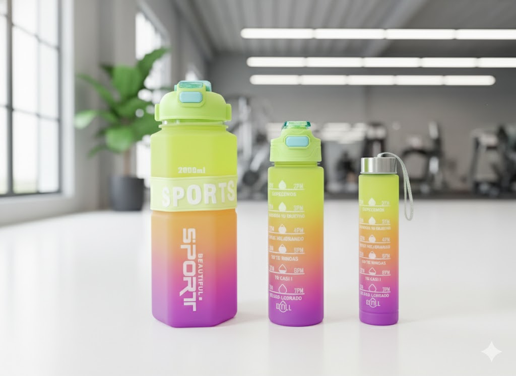 Gradient Green-Orange-Purple Sports Water Bottle Set – 600Ml, 1000Ml & 2000Ml Bpa-Free Motivational Bottles With Straw & Time Markings