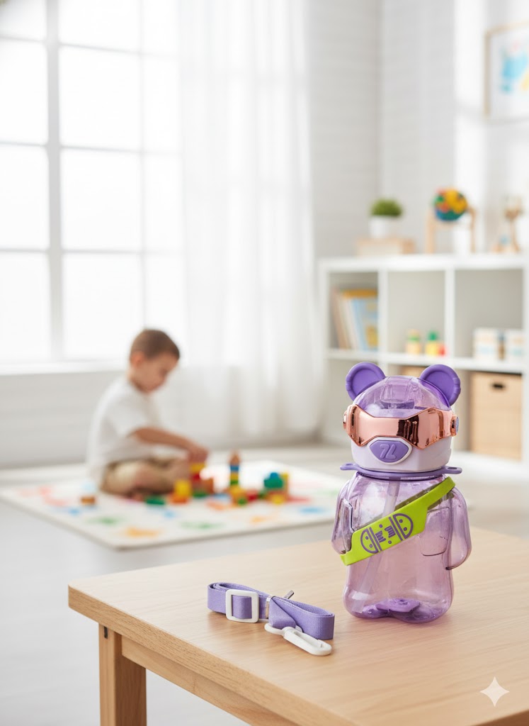 Robot Bear Kids Water Bottle With Straw & Carry Strap – 700Ml (Purple)