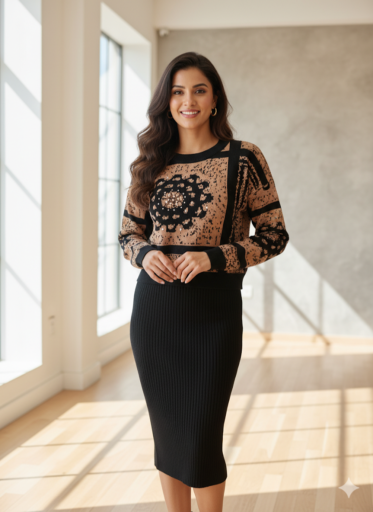 The Luxe Embellished Knit Set: Sweater & Midi Skirt