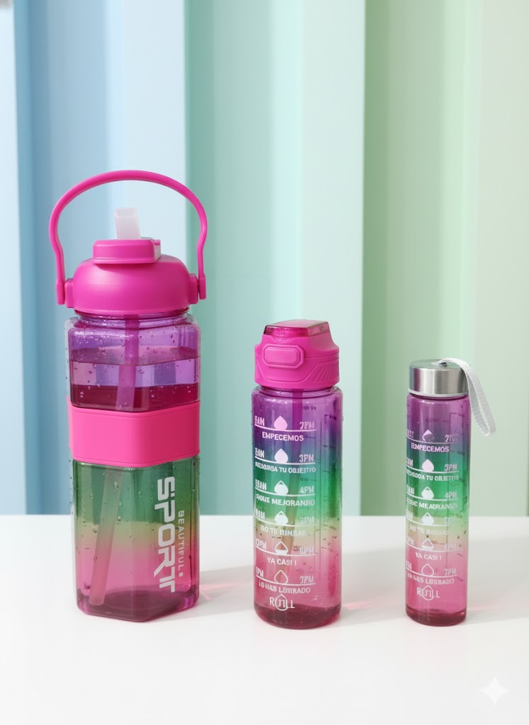 Sports Water Bottle Set – Leak-Proof Bpa-Free Plastic Bottles (2000Ml, 1000Ml & 700Ml) – Pink Gradient