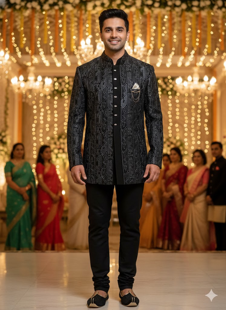 Black Metallic Embroidered 3-Piece Indo-Western Coat Set