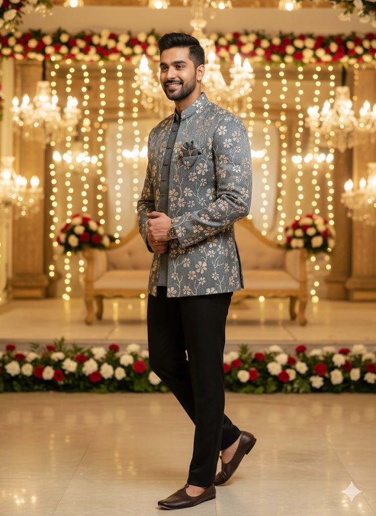 BLUE STAGE MENS COAT SUIT JODHPURI 3PCS SET 25228 GREY