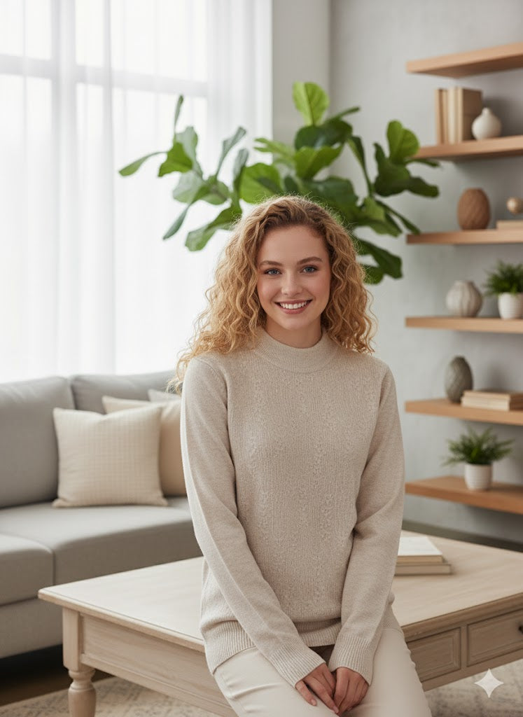 Beige Textured High Neck Sweater