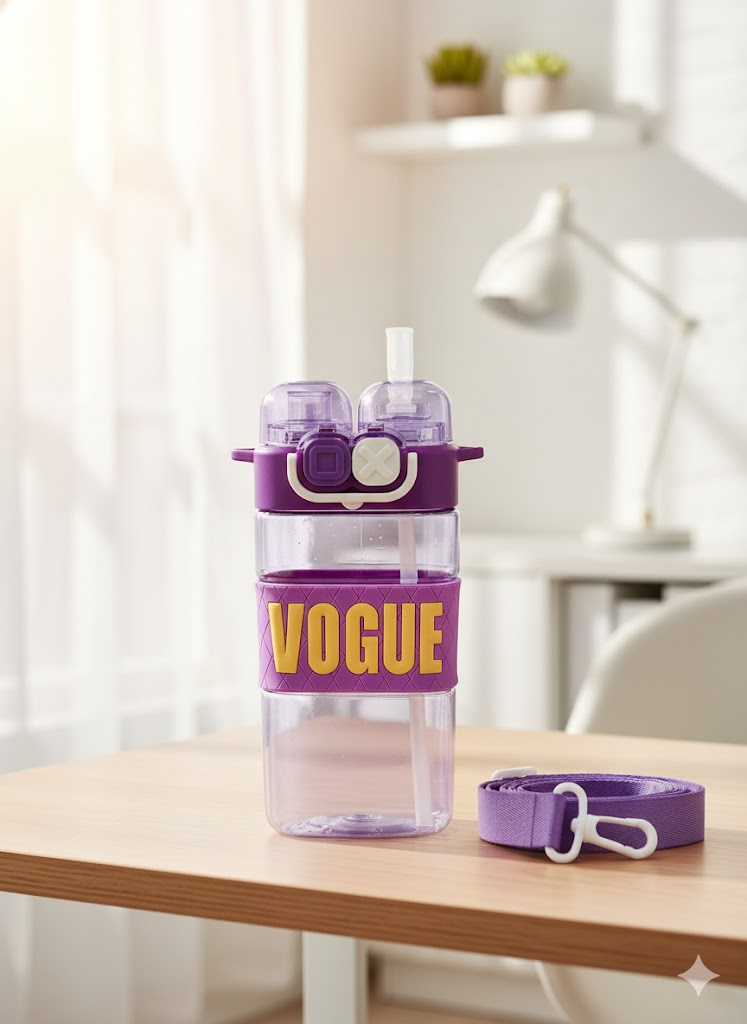 Stylish Vogue Water Bottle With Dual Lid & Strap – Leak-Proof Bpa-Free (Purple)