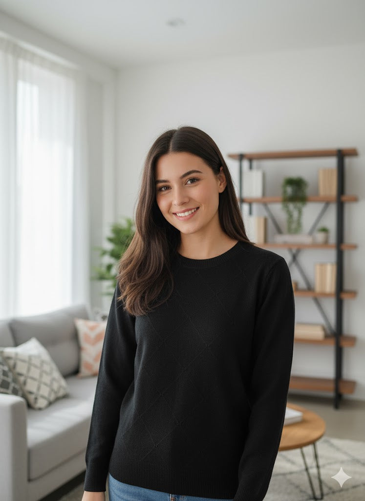 Classic Black Textured Knit Pullover Sweater