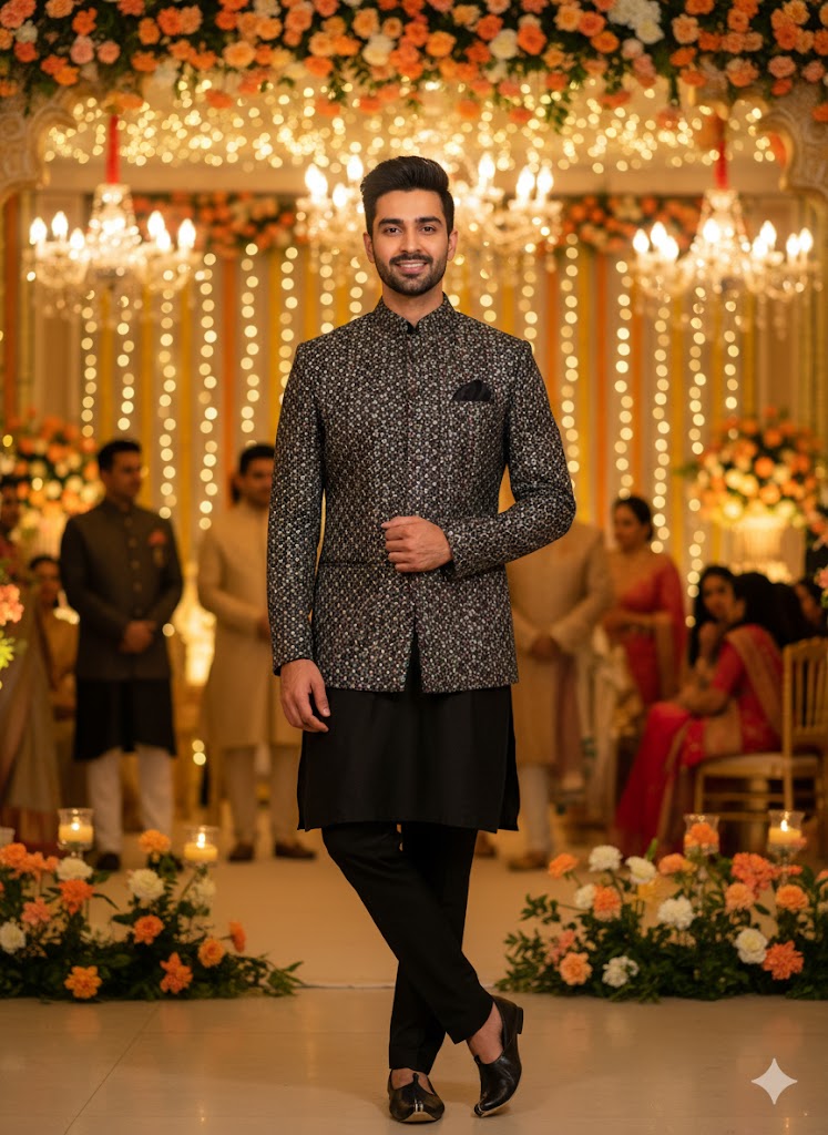 Classic 3-Piece Black & Blue Textured Indo-Western Set for Men