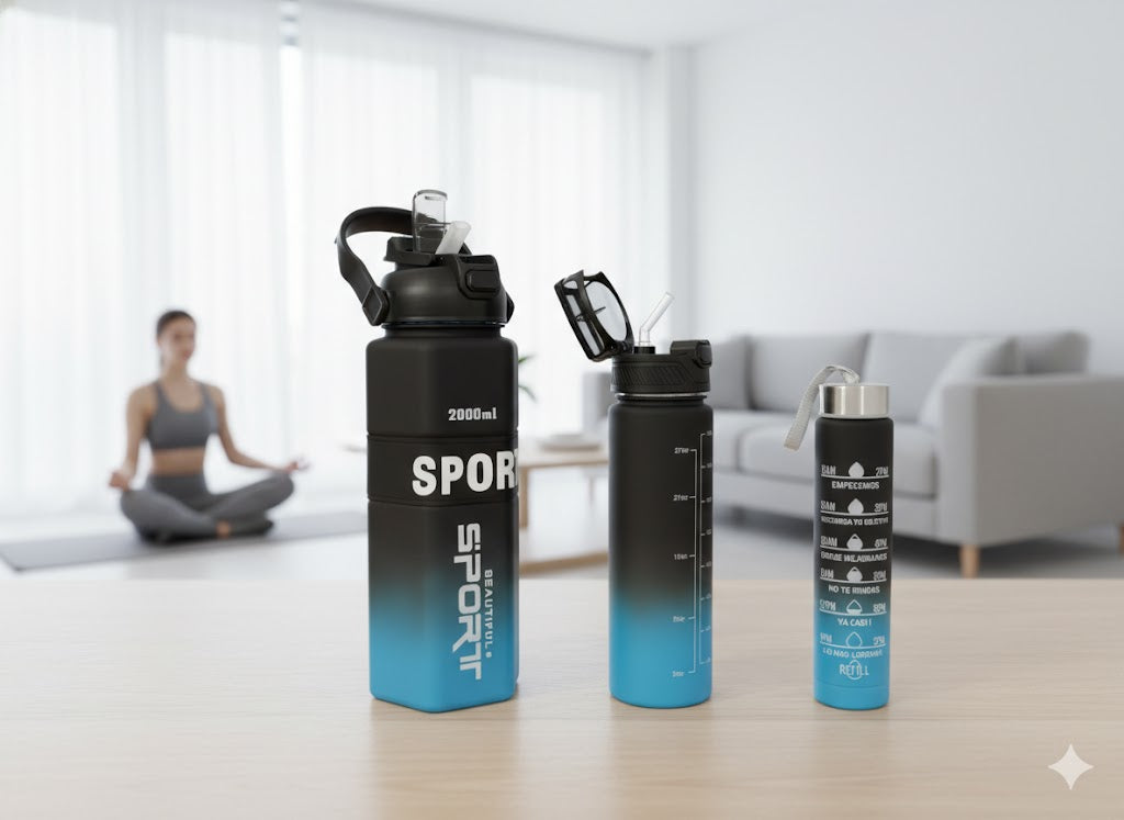 Black & Blue Gradient Sports Water Bottle Set – 2000Ml, 1000Ml & 500Ml Bpa-Free Leak-Proof Hydration Bottles With Straw & Measurement Scale