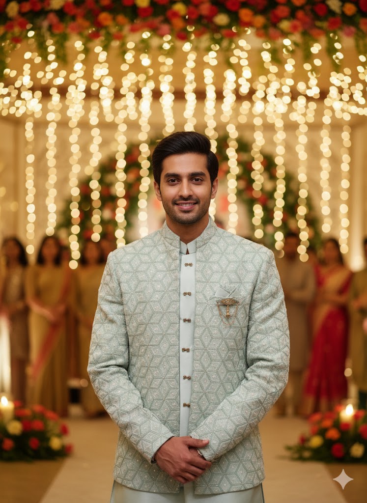 Pistachio Geometric Jodhpuri Set with Gold Accents