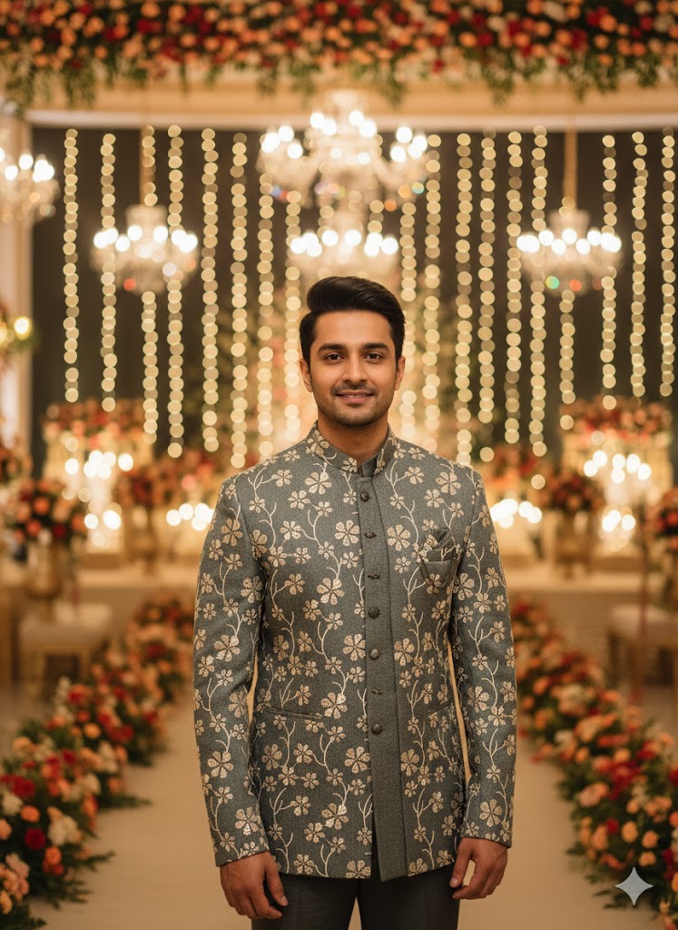 BLUE STAGE MENS COAT SUIT JODHPURI 3PCS SET 25228 GREY